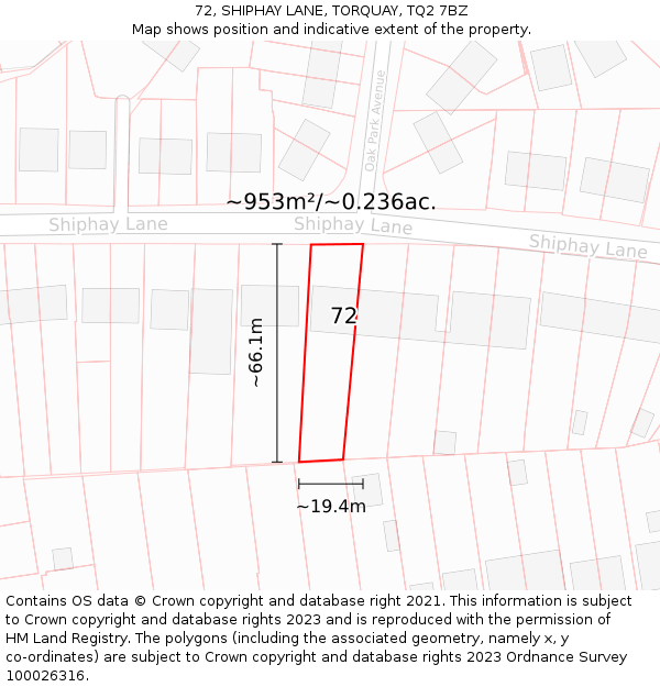 72, SHIPHAY LANE, TORQUAY, TQ2 7BZ: Plot and title map