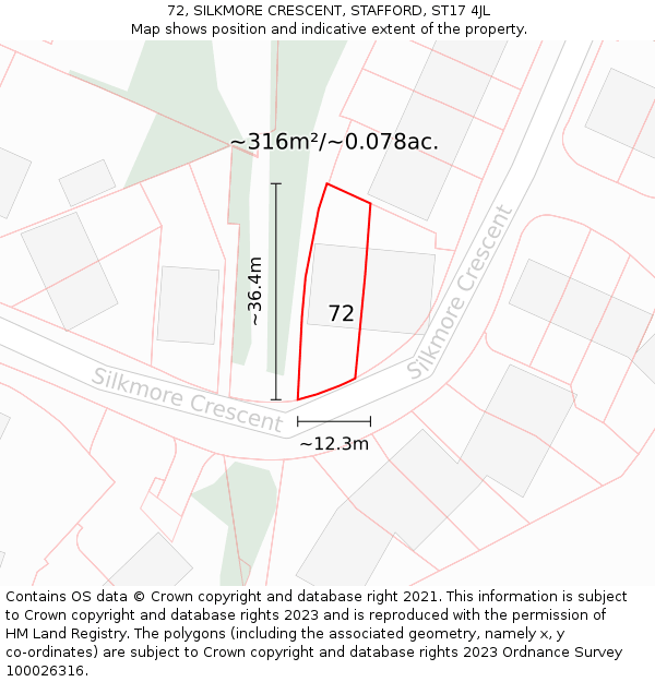 72, SILKMORE CRESCENT, STAFFORD, ST17 4JL: Plot and title map