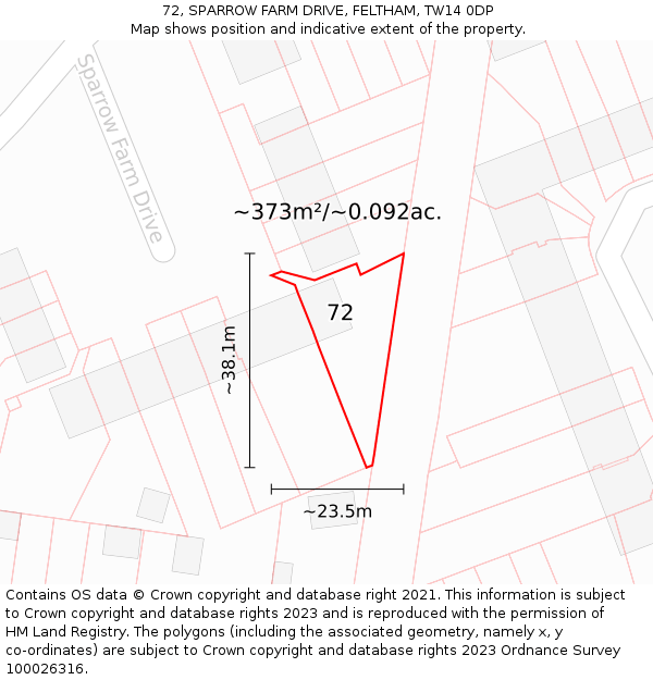 72, SPARROW FARM DRIVE, FELTHAM, TW14 0DP: Plot and title map