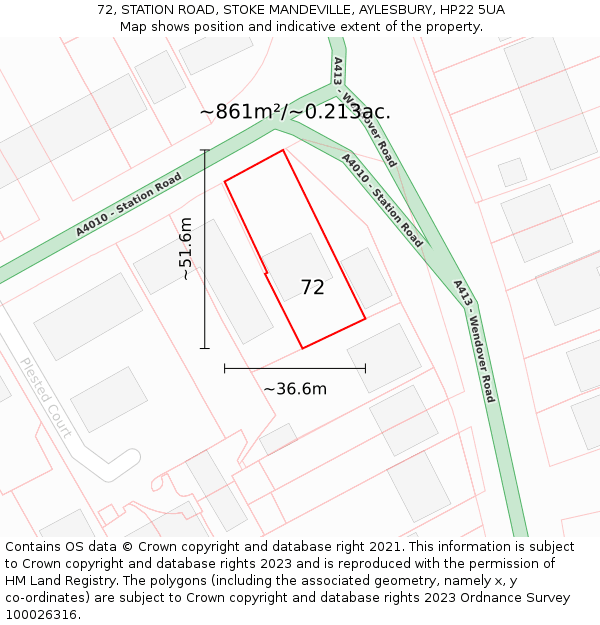 72, STATION ROAD, STOKE MANDEVILLE, AYLESBURY, HP22 5UA: Plot and title map
