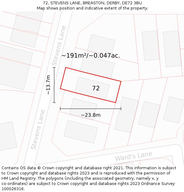 72, STEVENS LANE, BREASTON, DERBY, DE72 3BU: Plot and title map