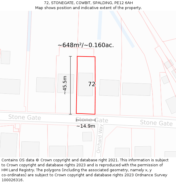 72, STONEGATE, COWBIT, SPALDING, PE12 6AH: Plot and title map