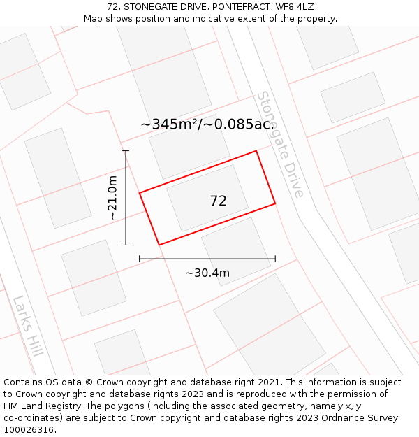 72, STONEGATE DRIVE, PONTEFRACT, WF8 4LZ: Plot and title map