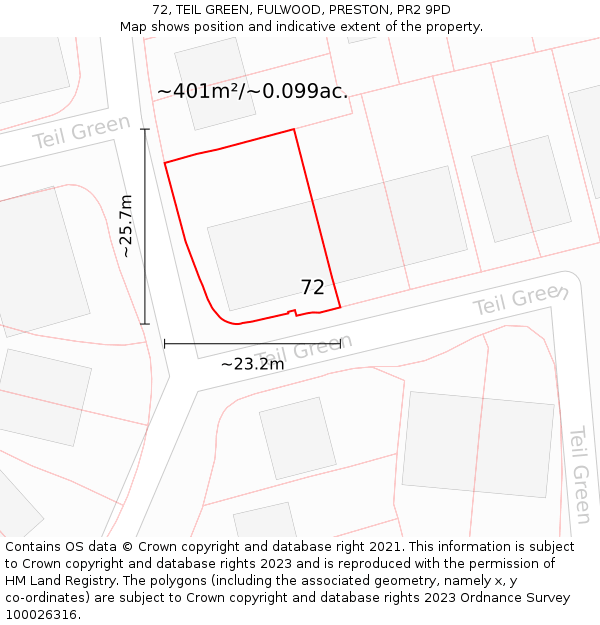 72, TEIL GREEN, FULWOOD, PRESTON, PR2 9PD: Plot and title map
