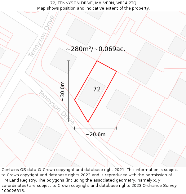72, TENNYSON DRIVE, MALVERN, WR14 2TQ: Plot and title map