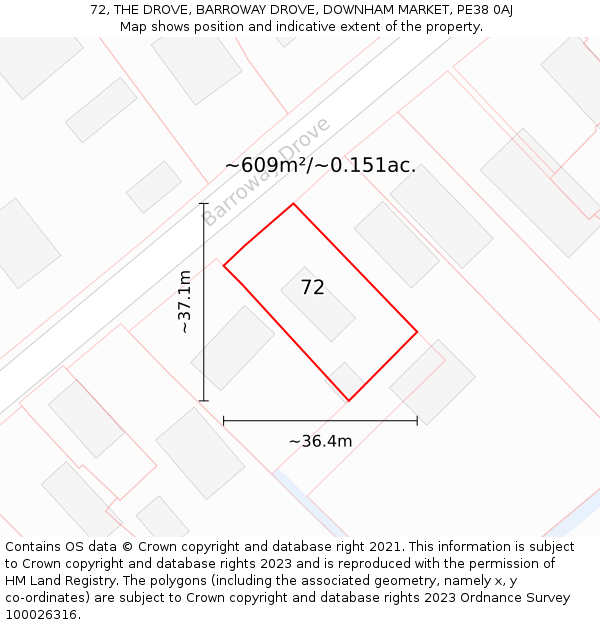 72, THE DROVE, BARROWAY DROVE, DOWNHAM MARKET, PE38 0AJ: Plot and title map
