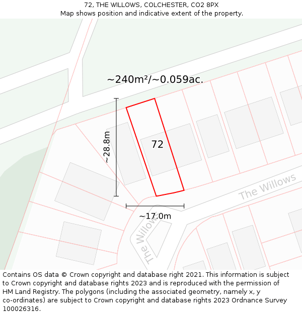 72, THE WILLOWS, COLCHESTER, CO2 8PX: Plot and title map
