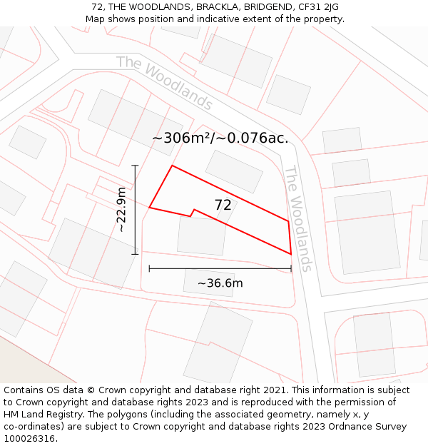 72, THE WOODLANDS, BRACKLA, BRIDGEND, CF31 2JG: Plot and title map