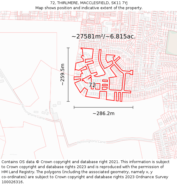 72, THIRLMERE, MACCLESFIELD, SK11 7YJ: Plot and title map