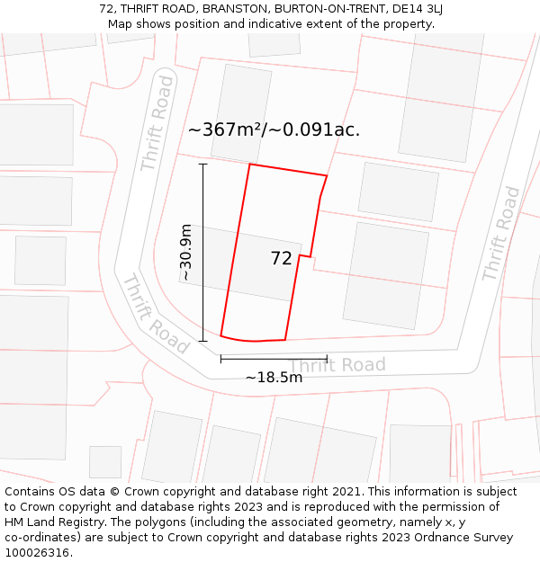 72, THRIFT ROAD, BRANSTON, BURTON-ON-TRENT, DE14 3LJ: Plot and title map