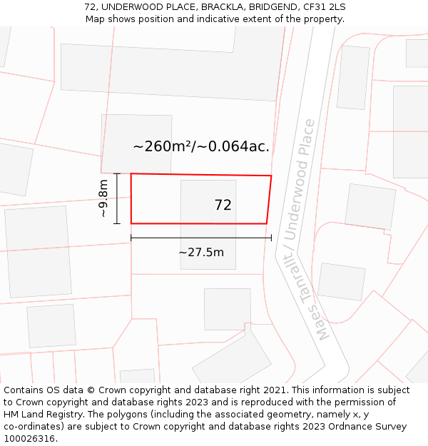 72, UNDERWOOD PLACE, BRACKLA, BRIDGEND, CF31 2LS: Plot and title map