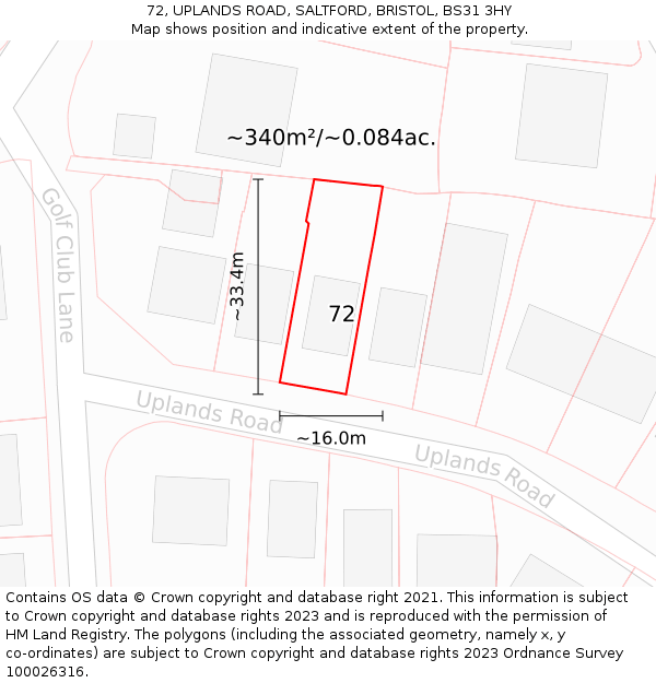 72, UPLANDS ROAD, SALTFORD, BRISTOL, BS31 3HY: Plot and title map