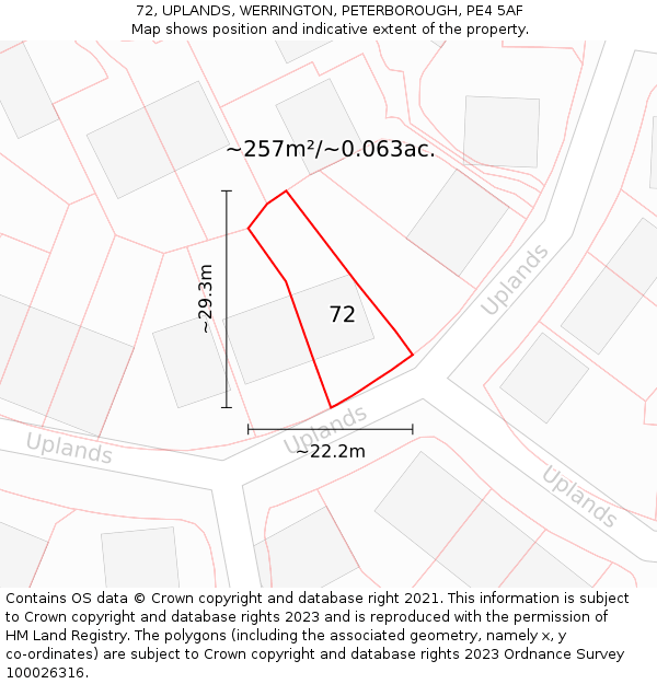 72, UPLANDS, WERRINGTON, PETERBOROUGH, PE4 5AF: Plot and title map
