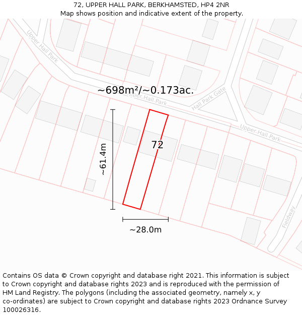 72, UPPER HALL PARK, BERKHAMSTED, HP4 2NR: Plot and title map