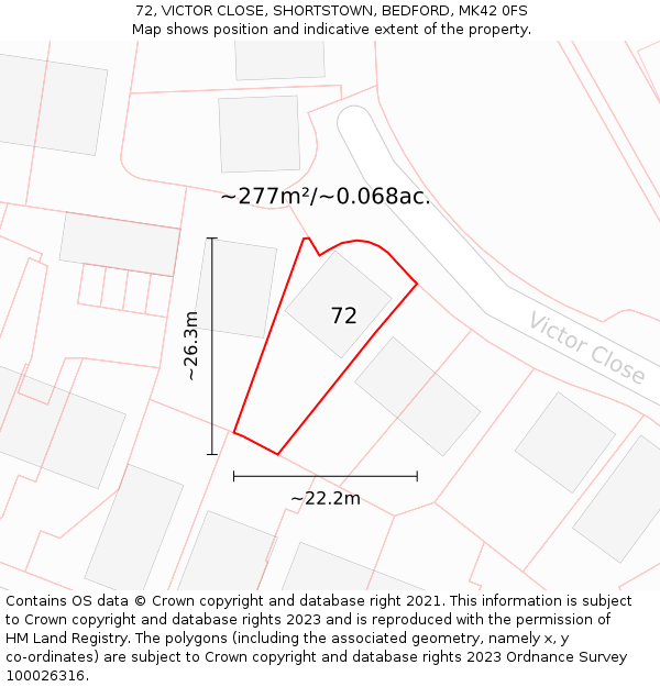 72, VICTOR CLOSE, SHORTSTOWN, BEDFORD, MK42 0FS: Plot and title map