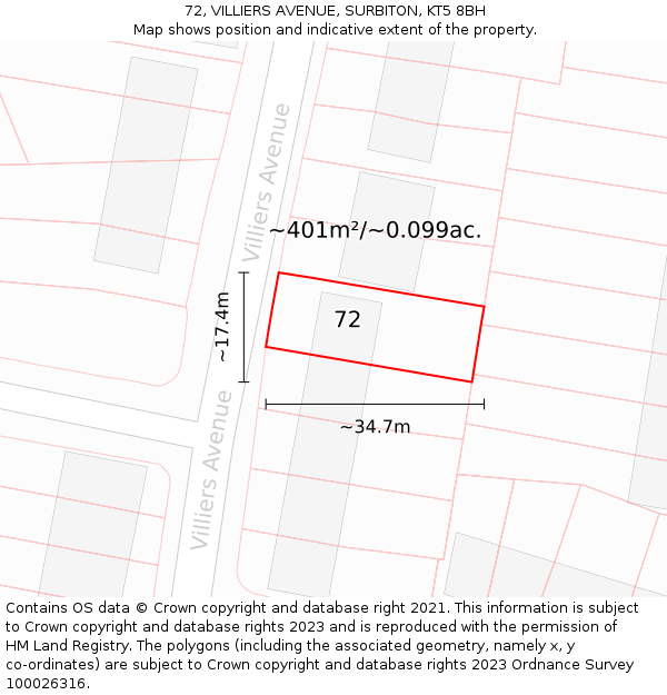 72, VILLIERS AVENUE, SURBITON, KT5 8BH: Plot and title map