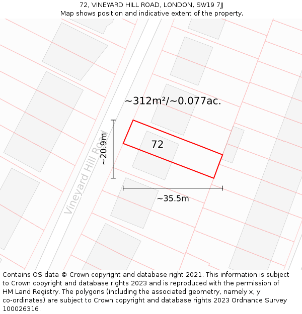 72, VINEYARD HILL ROAD, LONDON, SW19 7JJ: Plot and title map