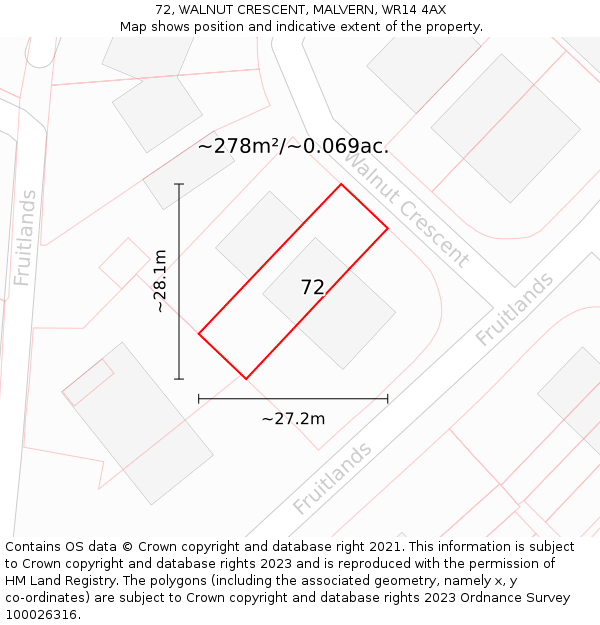 72, WALNUT CRESCENT, MALVERN, WR14 4AX: Plot and title map