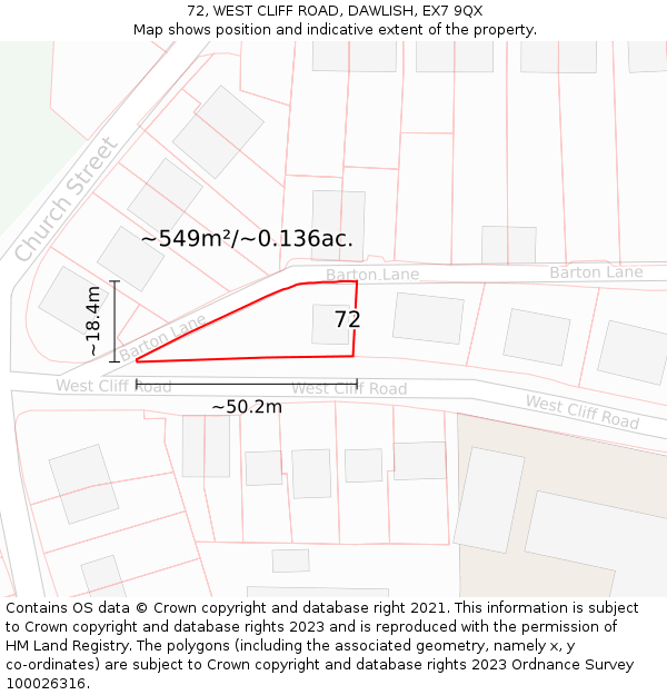 72, WEST CLIFF ROAD, DAWLISH, EX7 9QX: Plot and title map