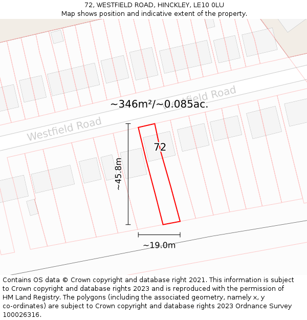 72, WESTFIELD ROAD, HINCKLEY, LE10 0LU: Plot and title map