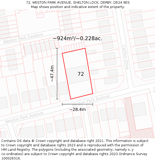 72, WESTON PARK AVENUE, SHELTON LOCK, DERBY, DE24 9ES: Plot and title map