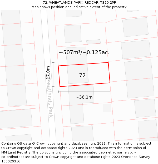 72, WHEATLANDS PARK, REDCAR, TS10 2PF: Plot and title map