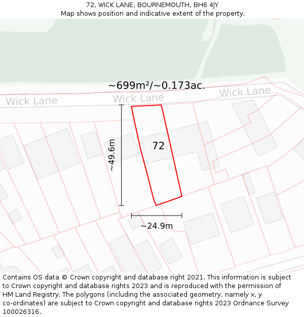 72, WICK LANE, BOURNEMOUTH, BH6 4JY: Plot and title map
