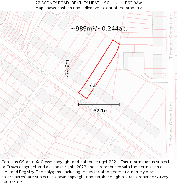 72, WIDNEY ROAD, BENTLEY HEATH, SOLIHULL, B93 9AW: Plot and title map