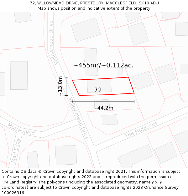 72, WILLOWMEAD DRIVE, PRESTBURY, MACCLESFIELD, SK10 4BU: Plot and title map