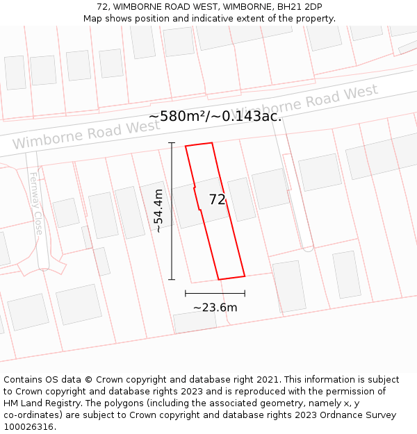 72, WIMBORNE ROAD WEST, WIMBORNE, BH21 2DP: Plot and title map