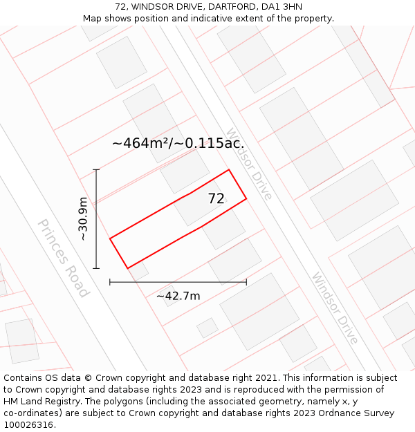 72, WINDSOR DRIVE, DARTFORD, DA1 3HN: Plot and title map