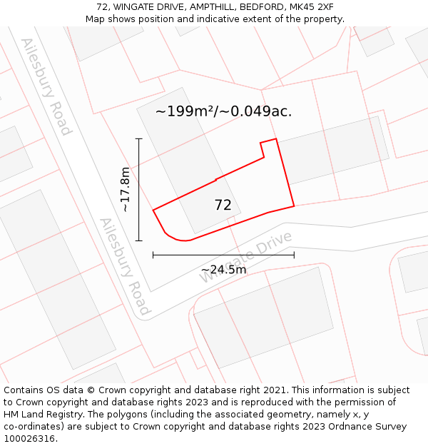 72, WINGATE DRIVE, AMPTHILL, BEDFORD, MK45 2XF: Plot and title map