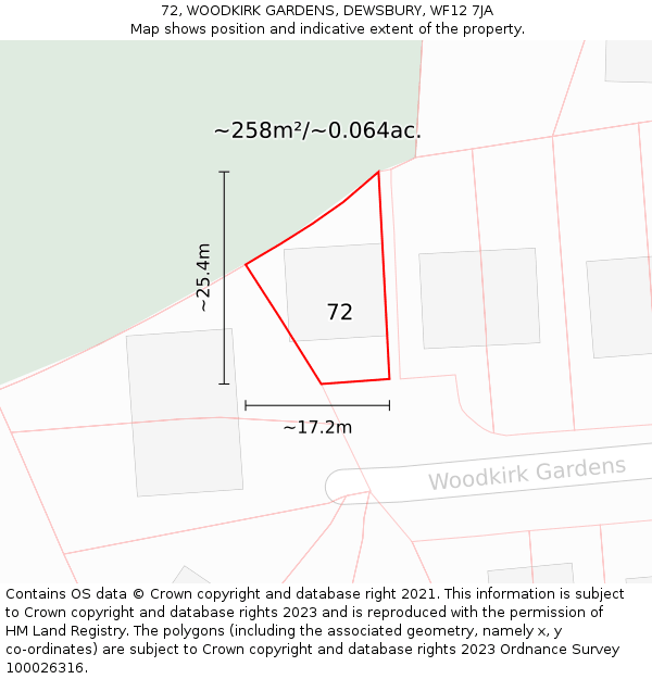 72, WOODKIRK GARDENS, DEWSBURY, WF12 7JA: Plot and title map