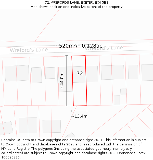 72, WREFORDS LANE, EXETER, EX4 5BS: Plot and title map