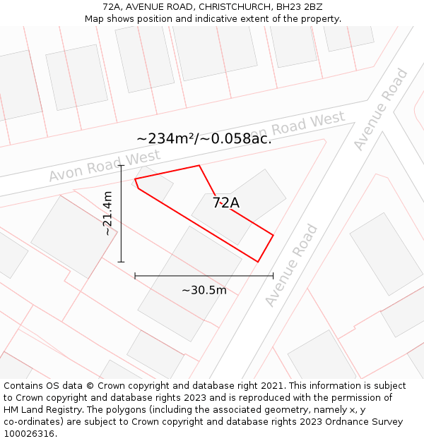 72A, AVENUE ROAD, CHRISTCHURCH, BH23 2BZ: Plot and title map
