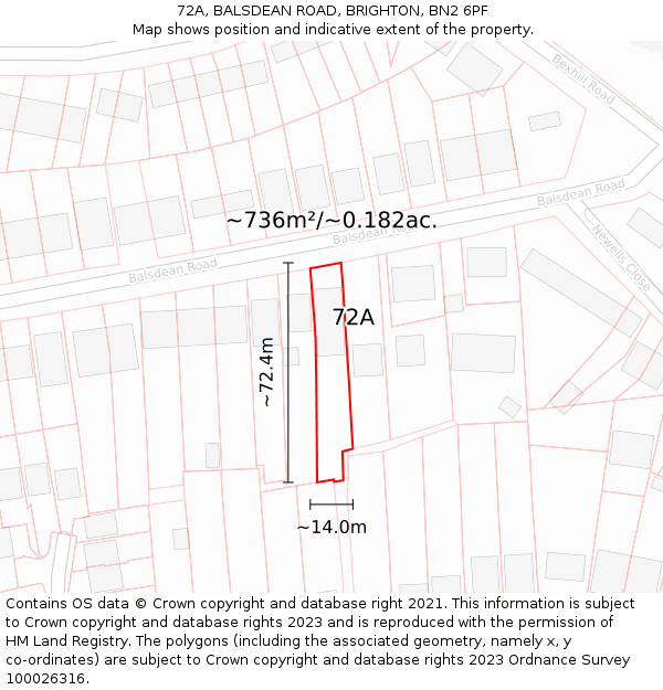 72A, BALSDEAN ROAD, BRIGHTON, BN2 6PF: Plot and title map