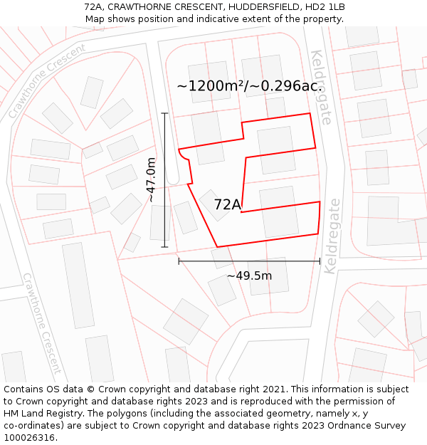 72A, CRAWTHORNE CRESCENT, HUDDERSFIELD, HD2 1LB: Plot and title map
