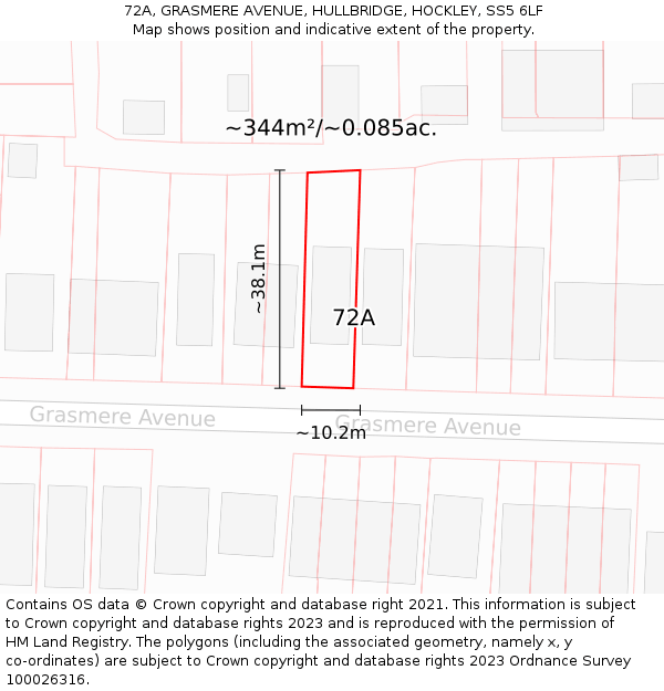72A, GRASMERE AVENUE, HULLBRIDGE, HOCKLEY, SS5 6LF: Plot and title map