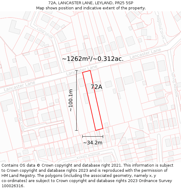 72A, LANCASTER LANE, LEYLAND, PR25 5SP: Plot and title map