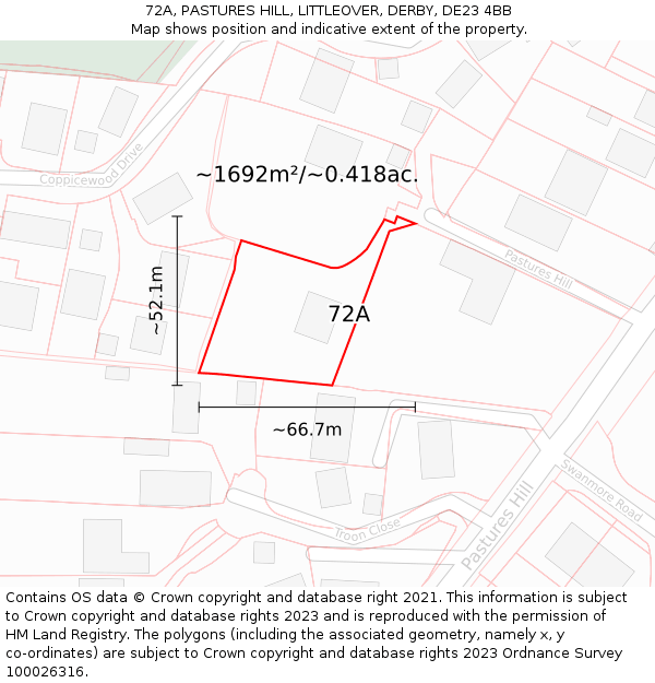 72A, PASTURES HILL, LITTLEOVER, DERBY, DE23 4BB: Plot and title map