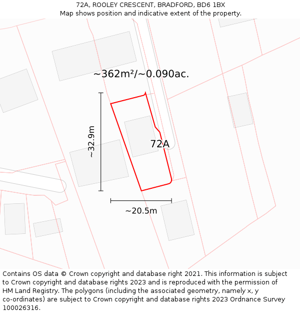 72A, ROOLEY CRESCENT, BRADFORD, BD6 1BX: Plot and title map