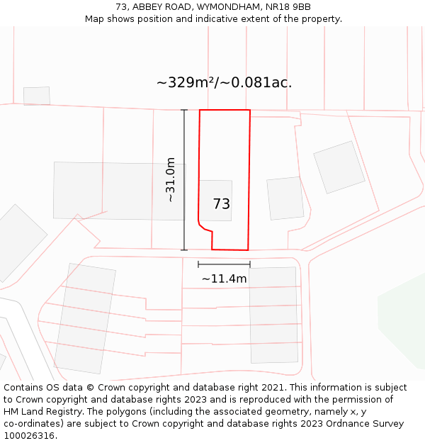 73, ABBEY ROAD, WYMONDHAM, NR18 9BB: Plot and title map
