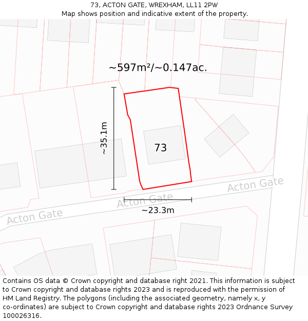 73, ACTON GATE, WREXHAM, LL11 2PW: Plot and title map
