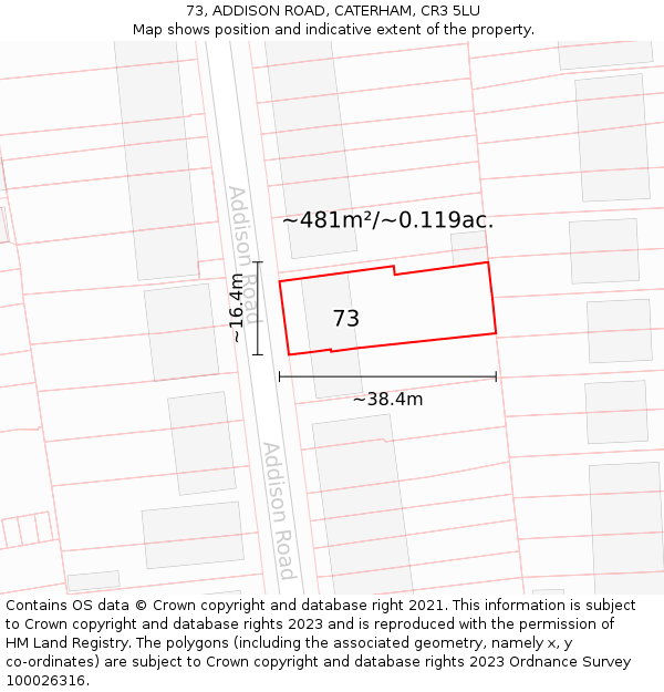 73, ADDISON ROAD, CATERHAM, CR3 5LU: Plot and title map