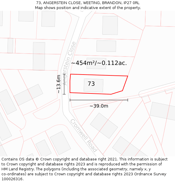 73, ANGERSTEIN CLOSE, WEETING, BRANDON, IP27 0RL: Plot and title map