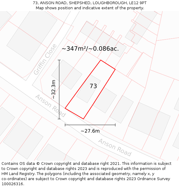 73, ANSON ROAD, SHEPSHED, LOUGHBOROUGH, LE12 9PT: Plot and title map