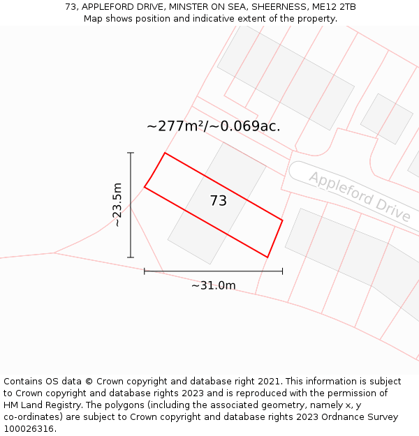 73, APPLEFORD DRIVE, MINSTER ON SEA, SHEERNESS, ME12 2TB: Plot and title map