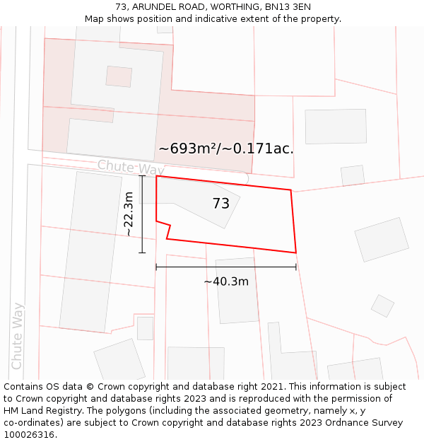 73, ARUNDEL ROAD, WORTHING, BN13 3EN: Plot and title map
