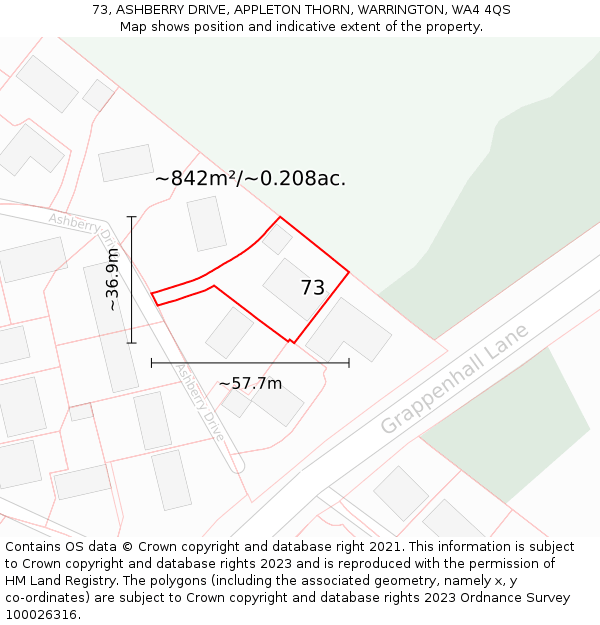 73, ASHBERRY DRIVE, APPLETON THORN, WARRINGTON, WA4 4QS: Plot and title map