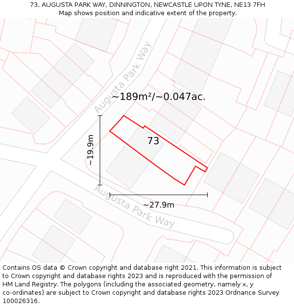 73, AUGUSTA PARK WAY, DINNINGTON, NEWCASTLE UPON TYNE, NE13 7FH: Plot and title map